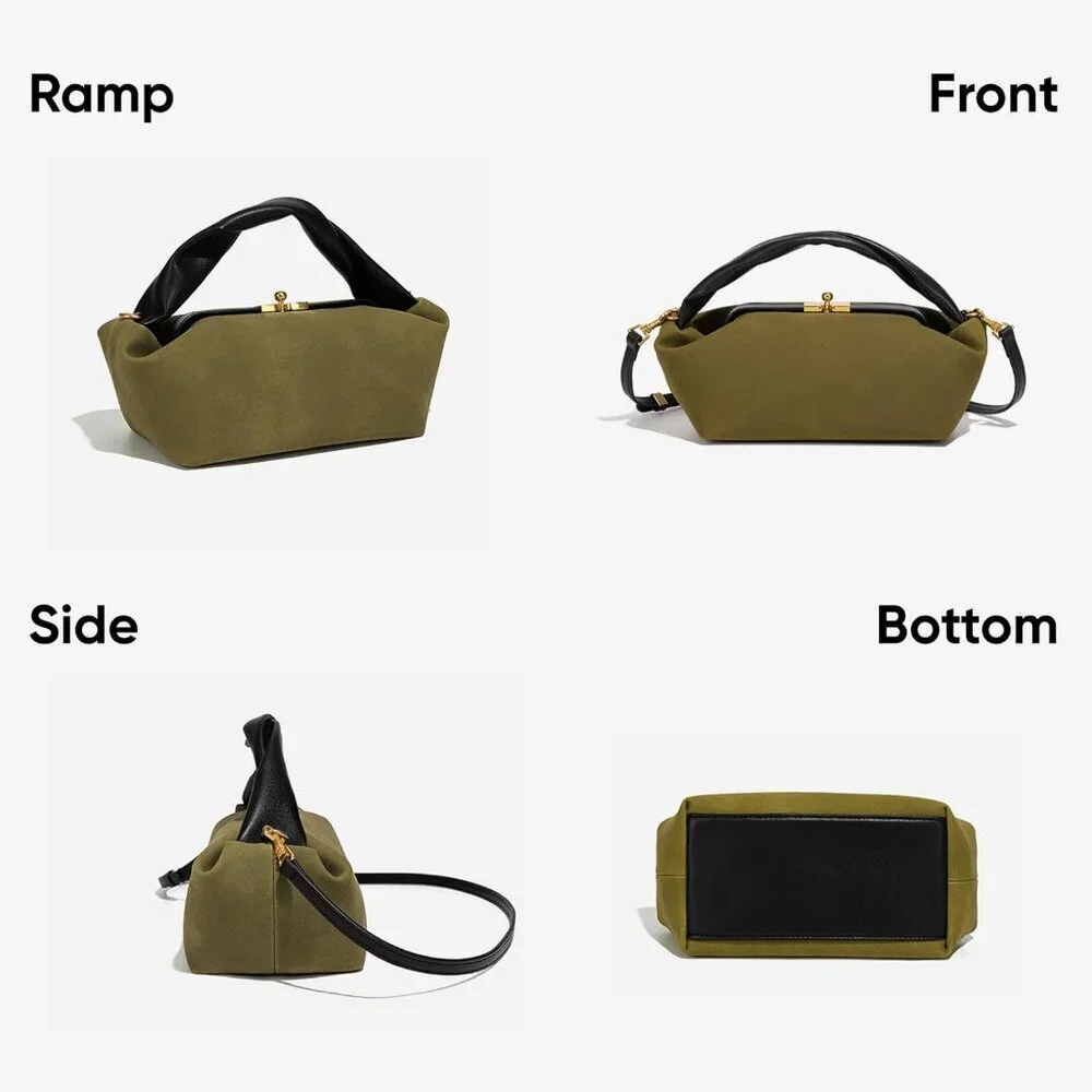 Women's Olive Faux Suede Vintage Slouchy Soft Satchel Kiss Lock Hobo Handbag